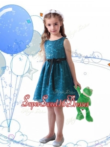 Wonderful Laced and Sashed Scoop Mini Quinceaner Dress in Teal