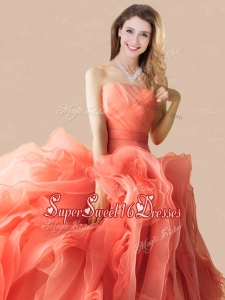 Exclusive Rolling Flowers Orange Red Cheap Sweet Sixteen Dress with Brush Train