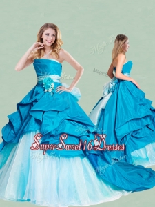 Beautiful Handcrafted Flowers and Ruffled Strapless Cheap Sweet Sixteen Dress with Brush Train