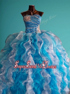 Discount Beaded and Ruffled Big Puffy Quinceanera Dress in White and Blue