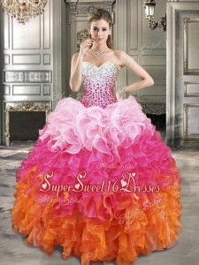 Fashionable Beaded Bodice and Ruffled Cheap Sweet Sixteen Dress in Gradient Color