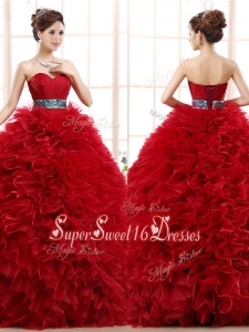 Luxurious Sashed and Ruffled Cheap Sweet Sixteen Dress in Wine Red