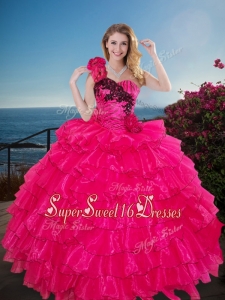 Fashionable One Shoulder Perfect Sweet 16 Dress with Ruffled Layers and Handmade Flowers