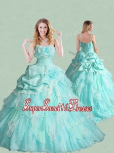 Popular Spaghetti Straps Brush Train Perfect Sweet 16 Dress with Handcrafted Flowers and Bubbles