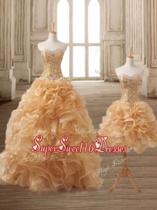 Latest Gold Detachable Quinceanera Dress with Beading and Ruffles