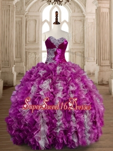 Popular Beaded and Ruffled Fuchsia and White Quinceanera Gown
