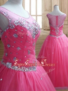 See Through Scoop Rose Pink Quinceanera Dress with Beading