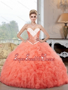 2015 Elegant Sweet 16 Dresses Watermelon Quinceanera Dresses with Beading for Fall