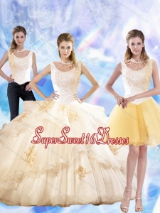 2015 Feminine Appliques and Beaded Sweet Sixteen Dresses in Champagne for Fall