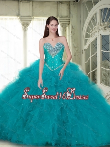 Modest Ball Gown Sweet Sixteen Dresses with Beading and Ruffles in Turquoise for Summer
