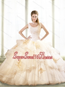 2015 Lovely Beading and Appliques Sweet 16 Ball Gowns in Champagne for Fall