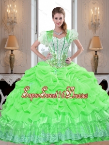 Artistic Sweet Fifteen Dresses with Appliques and Pick Ups in Spring Green for Summer