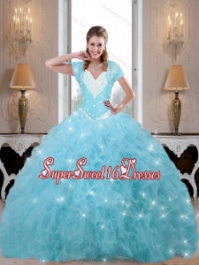 New Style Beaded and Ruffles Sweet 16 Dresses in Baby Blue for Fall