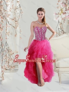 Elegant 2015 High Low Sweetheart Beaded and Ruffles Dama Dresses in Hot Pink