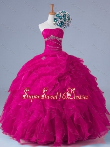 2015 Popular Strapless Beaded Quinceanera Gowns in Fuchsia
