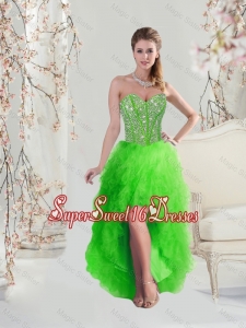 Inexpensive High Low Sweetheart Spring Green 2016 Dama Dresses with Beading