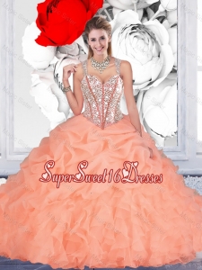 2015 Summer Cheap Orange Ball Gown Straps Quinceanera Dresses with Beading