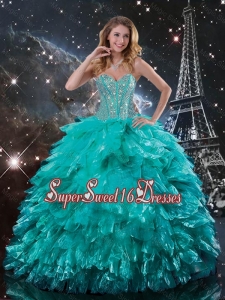 Classical 2015 Fall Brush Train Turquoise Quinceanera Dresses with Beading and Ruffles