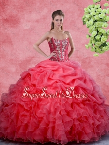 2015 Popular Beaded and Ruffles Quinceanera Gowns in Coral Red