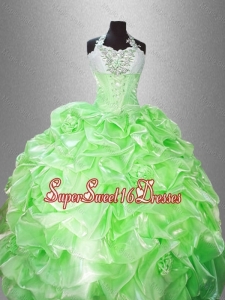 Luxurious Halter Top Pick Ups Quinceanera Gowns in Spring Green