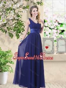 Wonderful Ruched Navy Blue Dama Dresses with V Neck