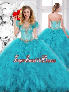 Modest Beading Sweetheart Quinceanera Dresses in Aqua Blue