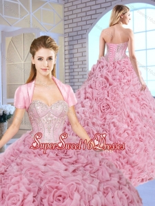 Luxurious Beading Brush Train Quinceanera Gowns with Rolling Flowers