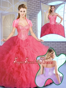 Pretty Ruffles and Sequins Quinceanera Gowns in Coral Red