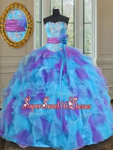 Best Sweetheart Organza Blue and Purple Quinceanera Gown with Handmade Flower