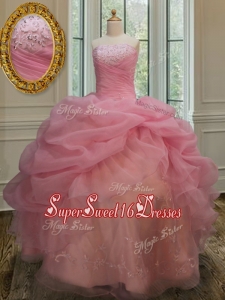 Latest Really Puffy Strapless Watermelon Red Sweet 15 Dress with Appliques