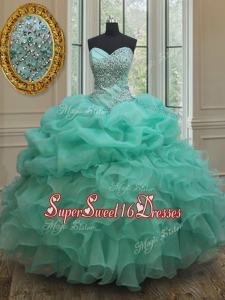 Lovely Big Puffy Beaded and Bubble Quinceanera Dress in Turquoise