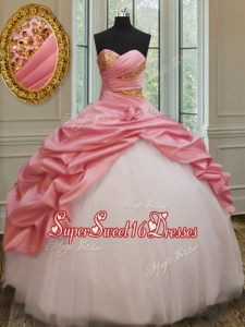 Perfect Beaded and Bubble Watermelon and White Quinceanera Dress in Taffeta and Tulle