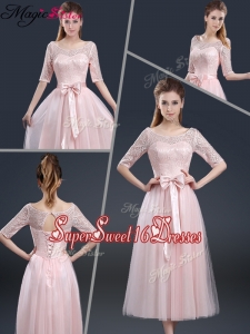 2016 Elegant Tea Length Dama Dresses with Lace and Bowknot