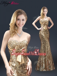 Fall Column Sequins Dama Dresses with Bowknot in Gold