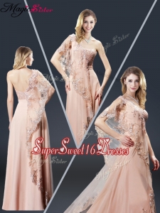 Luxurious One Shoulder Appliques Dama Dresses in Peach