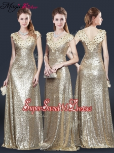 Perfect V Neck Sequins Dama Dresses in Champagne