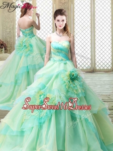 2016 New Strapless Brush Train Quinceanera Dresses with Hand Made Flowers