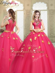 Beautiful High Neck Cap Sleeves Sweet Sixteen Dresses with Appliques