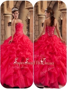 201Modest Beading and Ruffles Quinceanera Dresses in Coral Red