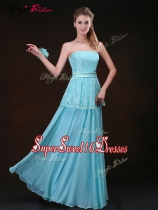 Affordable Strapless Floor Length Dama Dresses in Aqua Blue