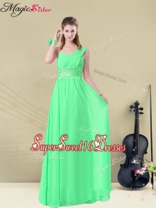 Simple Empire One Shoulder s Quinceanera Dama Dresses with Ruching and Belt for 2016