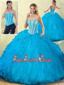 Romantic Sweetheart Beading Blue Sweet Sixteen Dresses with Ruffles