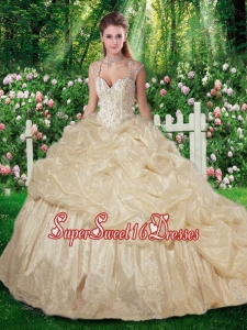 Sweet Brush Train Champange Sweet 16 Gowns with Beading for Fall