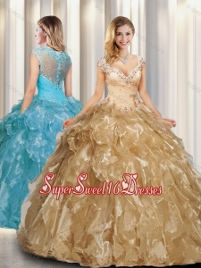 Beautiful A Line Cap Sleeves Champagne Quinceanera Dresses with Beading