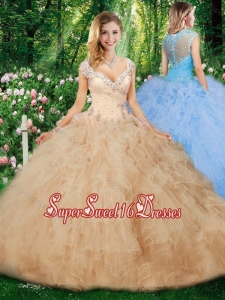 Hot Sale Ball Gown Champagne Quinceanera Gowns with Beading and Ruffles