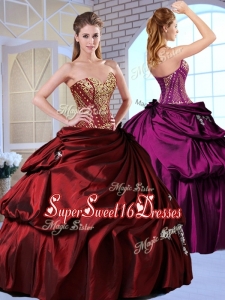 Cheap Ball Gown Taffeta Wine Red Quinceanera Gowns with Pick Ups