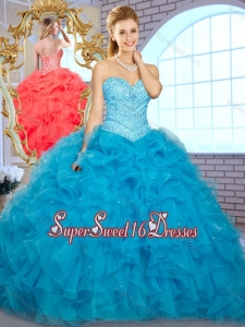 2016 Pretty Ball Gown Teal Quinceanera Gowns with Beading and Ruffles