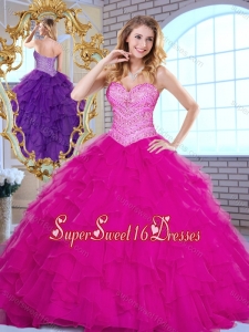 Cheap Sweetheart Beading and Ruffles Quinceanera Dresses in Fuchsia