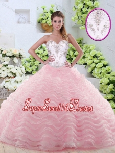 2016 Sweet Brush Train Quinceanera Gowns with Beading and Ruffled Layers