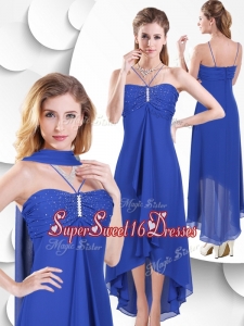 Simple Spaghetti Straps High Low Blue Dama Dresses with Beading